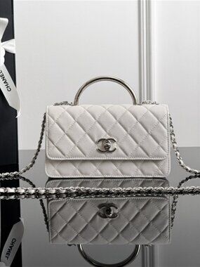 Authentic Chanel White Caviar Quilted Top Handle Flap Bag with Silver Hardware